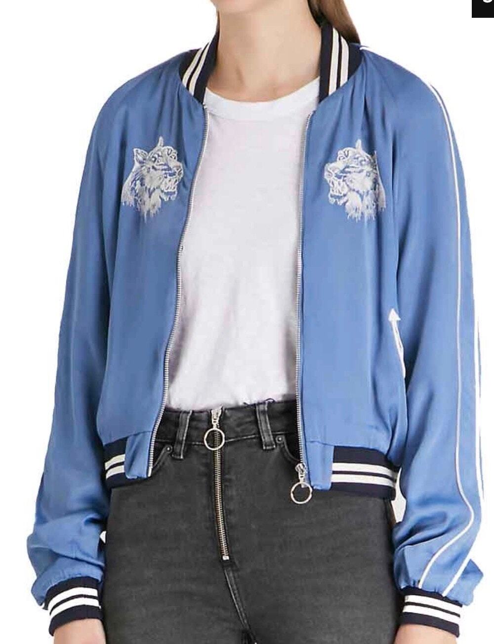 The Kooples Fate the Winx Saga Tiger Bomber Jacket Sky Blue Women's Medium Satin